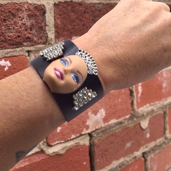 Upcycled Barbie Face Leather Cuff Bracelet Rhinestone Punk Y2K Statement - Picture 1 of 8
